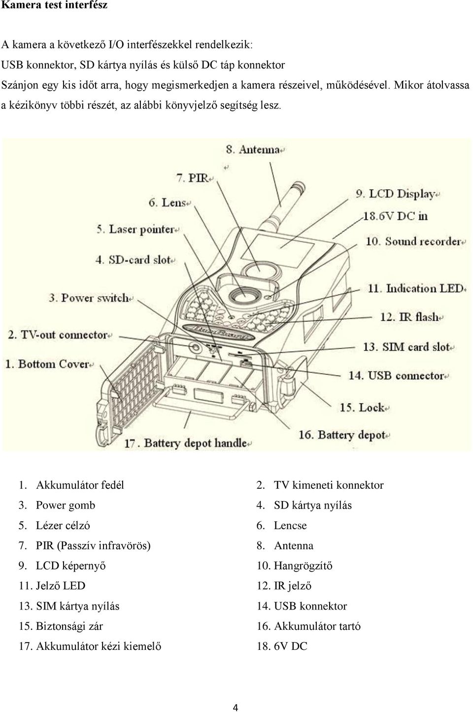 Akkumulátor fedél 2. TV kimeneti konnektor 3. Power gomb 4. SD kártya nyílás 5. Lézer célzó 6. Lencse 7. PIR (Passzív infravörös) 8. Antenna 9.