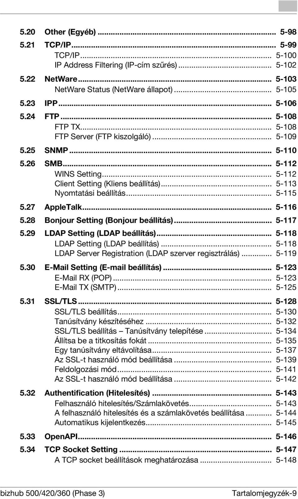 27 AppleTalk... 5-116 5.28 Bonjour Setting (Bonjour beállítás)... 5-117 5.29 LDAP Setting (LDAP beállítás)... 5-118 LDAP Setting (LDAP beállítás).