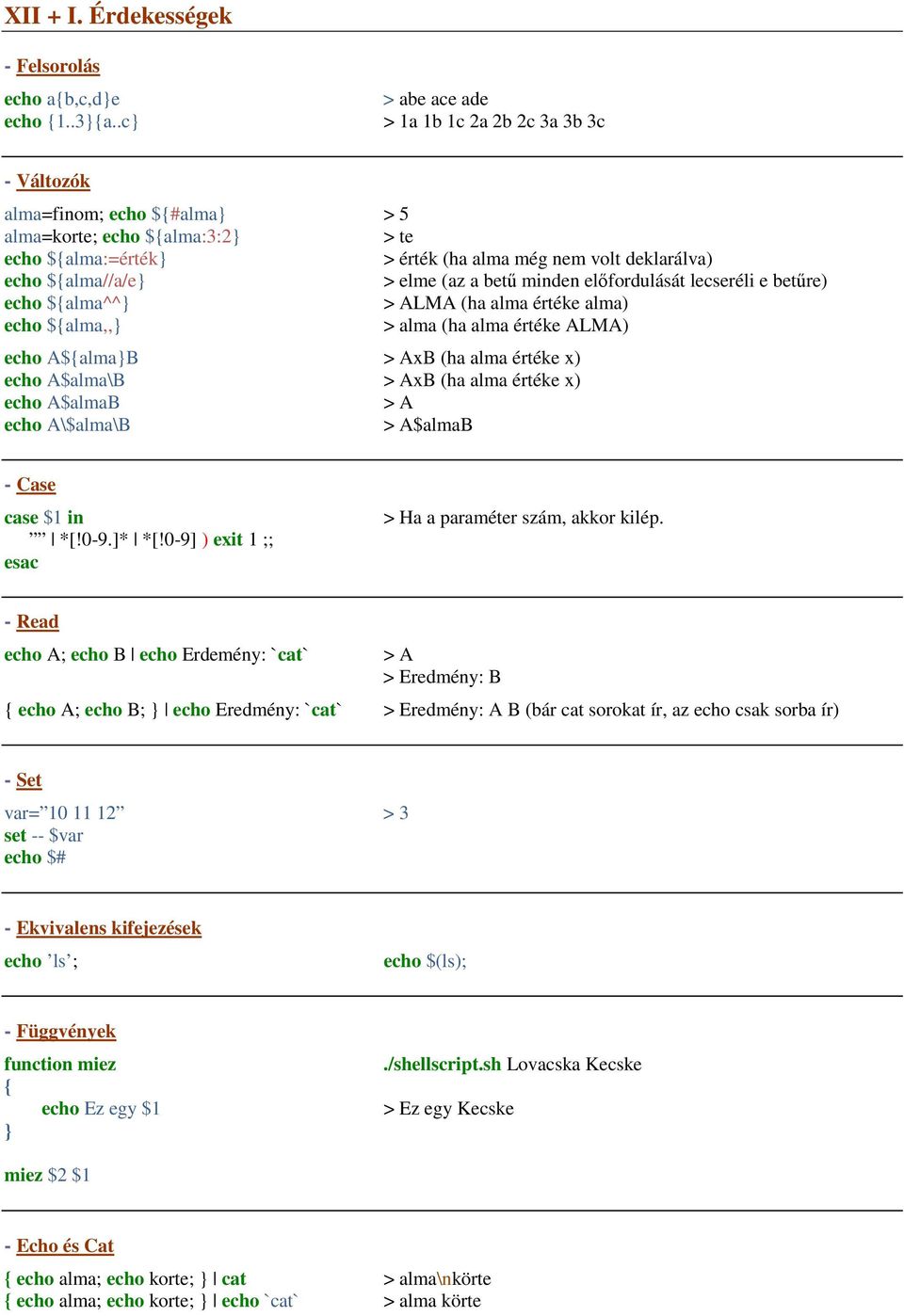 ${alma//a/e} > elme (az a betű minden előfordulását lecseréli e betűre) echo ${alma^^} > ALMA (ha alma értéke alma) echo ${alma,,} > alma (ha alma értéke ALMA) echo A${alma}B > AxB (ha alma értéke x)