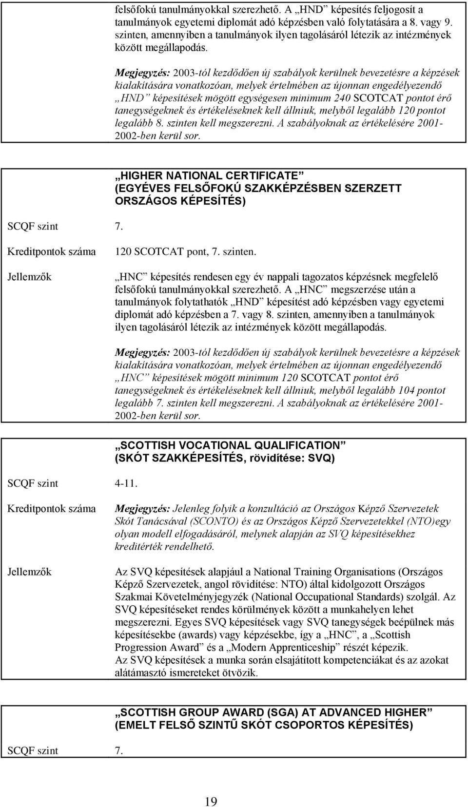 Megjegyzés: 2003-tól kezdődően új szabályok kerülnek bevezetésre a képzések kialakítására vonatkozóan, melyek értelmében az újonnan engedélyezendő HND képesítések mögött egységesen minimum 240