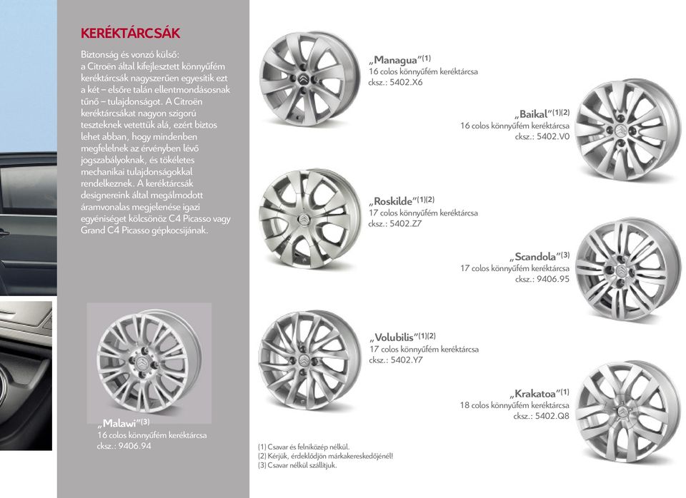 rendelkeznek. A keréktárcsák designereink által megálmodott áramvonalas megjelenése igazi egyéniséget kölcsönöz C4 picasso vagy Grand C4 picasso gépkocsijának.