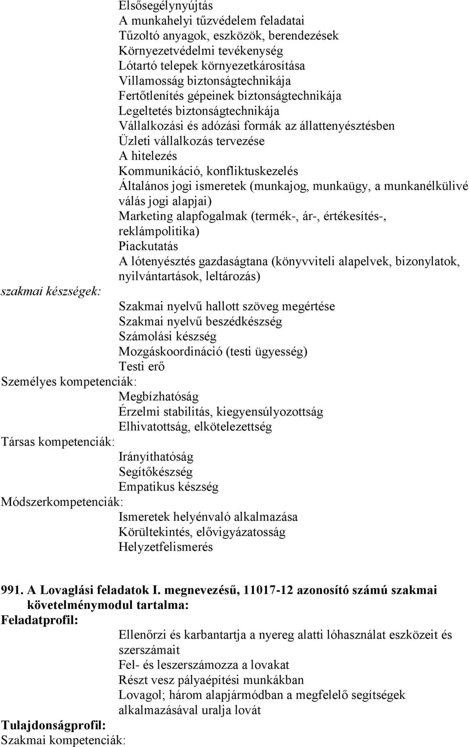 Általános jogi ismeretek (munkajog, munkaügy, a munkanélkülivé válás jogi alapjai) Marketing alapfogalmak (termék-, ár-, értékesítés-, reklámpolitika) Piackutatás A lótenyésztés gazdaságtana