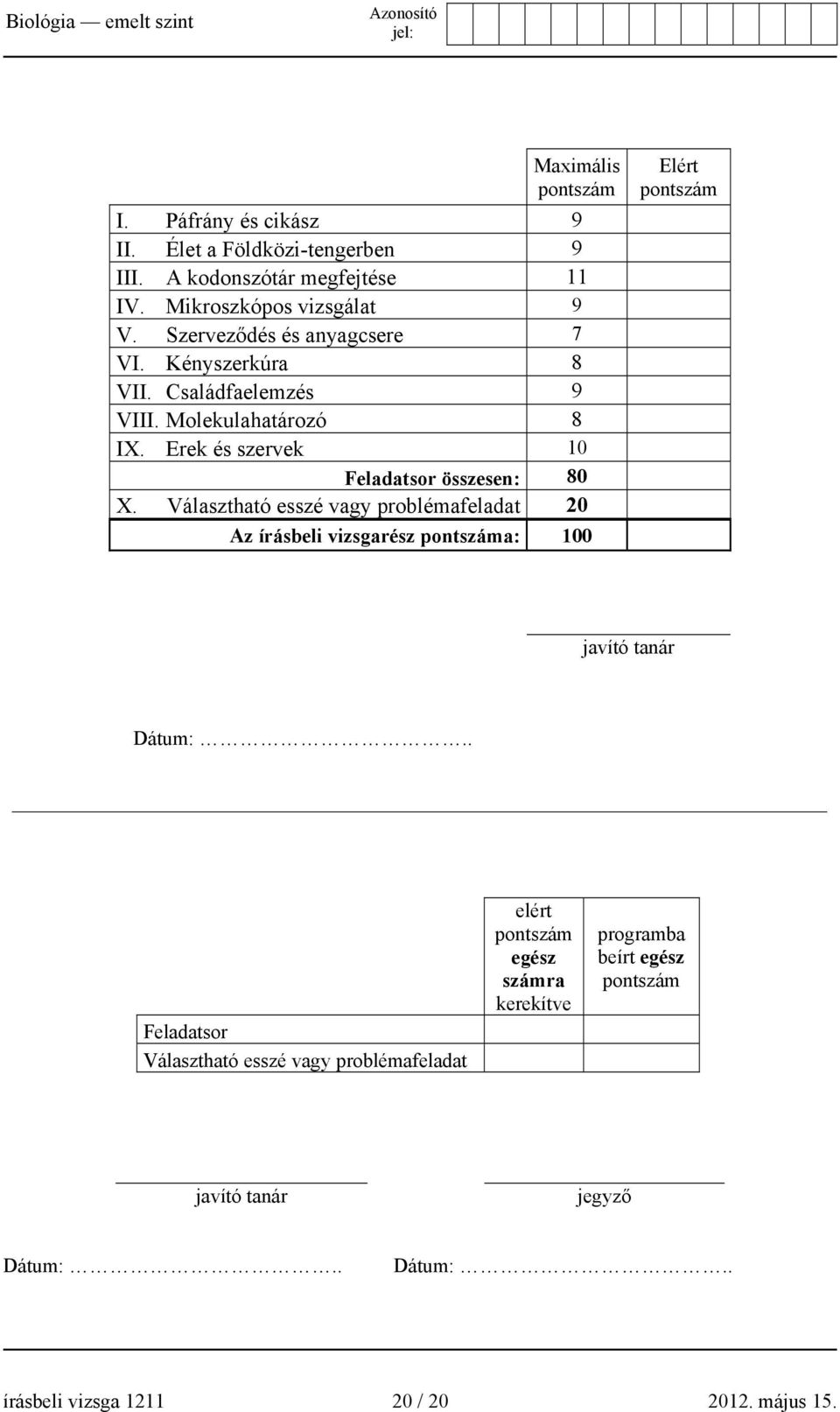 Választható esszé vagy problémafeladat 20 Az írásbeli vizsgarész pontszáma: 100 Elért pontszám javító tanár Dátum:.