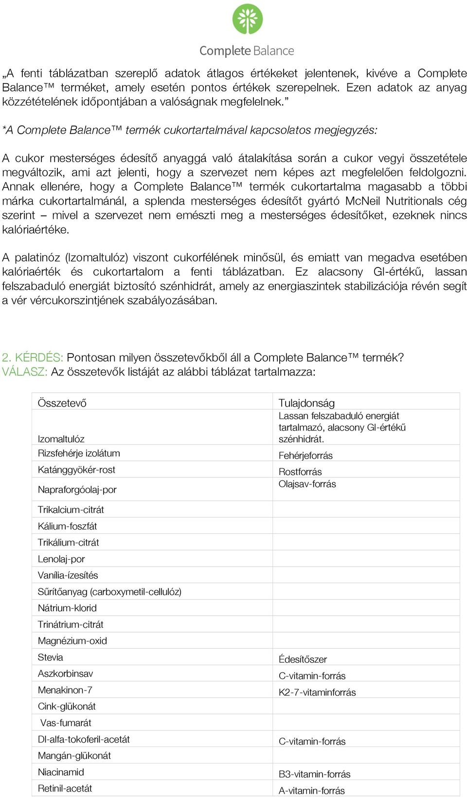 *A Complete Balance termék cukortartalmával kapcsolatos megjegyzés: A cukor mesterséges édesítő anyaggá való átalakítása során a cukor vegyi összetétele megváltozik, ami azt jelenti, hogy a szervezet