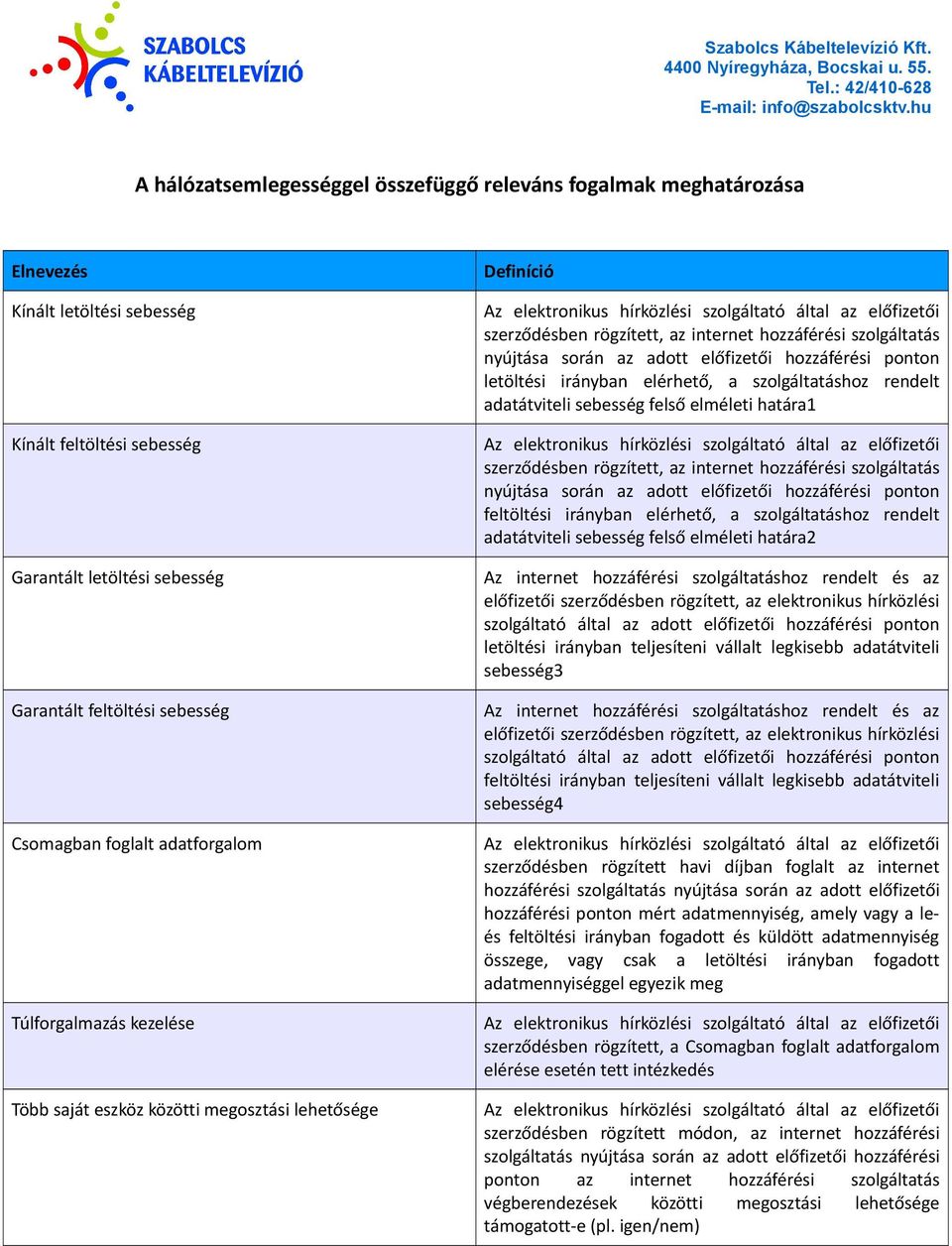 hozzáférési ponton letöltési irányban elérhető, a szolgáltatáshoz rendelt adatátviteli sebesség felső elméleti határa1 szerződésben rögzített, az internet hozzáférési szolgáltatás nyújtása során az