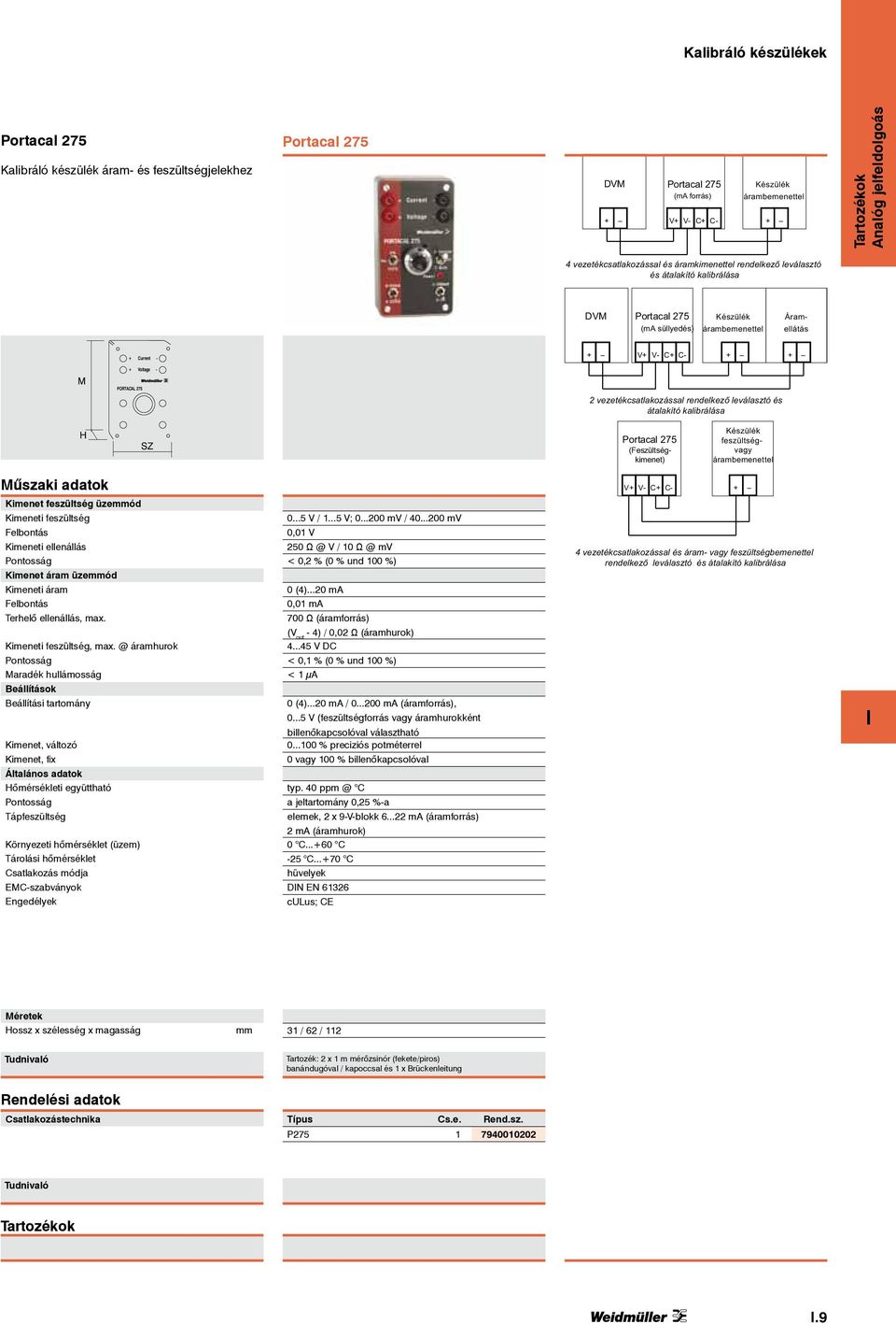 PORTACAL 275 2 vezetékcsatlakozással rendelkező leválasztó és átalakító kalibrálása H SZ Portacal 275 (Feszültségkimenet) Készülék feszültségvagy árambemenettel Műszaki adatok V+ V- C+ C- + Kimenet