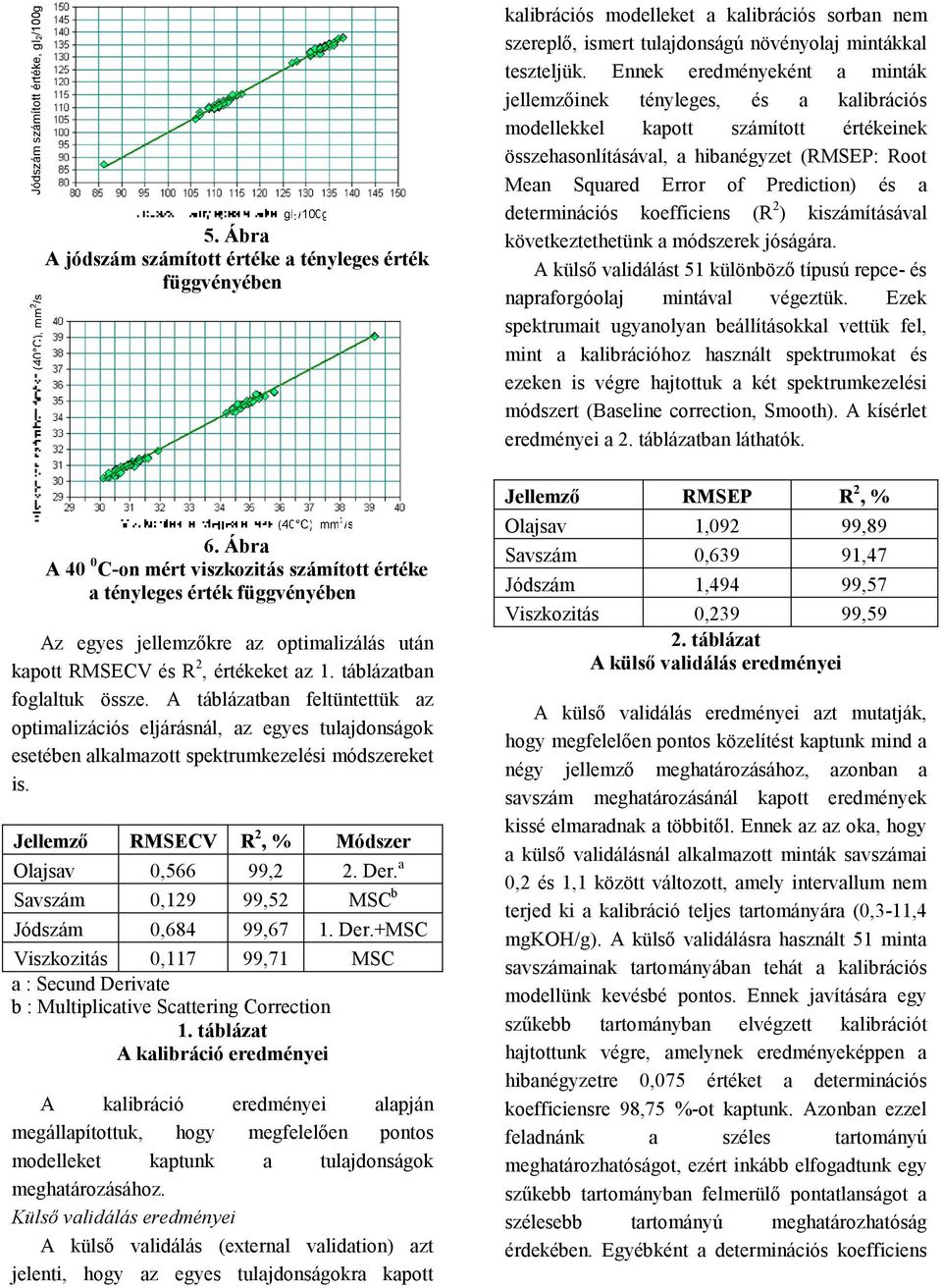 Ennek eredményeként a minták jellemzőinek tényleges, és a kalibrációs modellekkel kapott számított értékeinek összehasonlításával, a hibanégyzet (RMSEP: Root Mean Squared Error of Prediction) és a