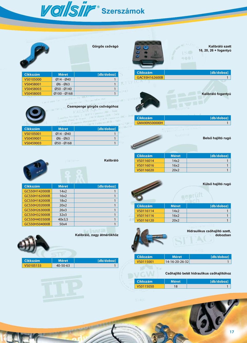 VS0116020 20x2 1 GCS50H142000B 14x2 1 GCS50H162000B 16x2 1 GCS50H182000B 18x2 1 GCS50H202000B 20x2 1 GCS50H263000B 26x3 1 GCS50H323000B 32x3 1 GCS50H403500B 40x3,5 1 GCS50H504000B 50x4 1 Kalibráló,