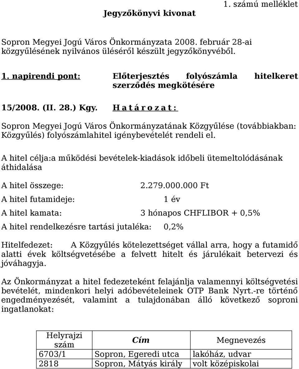 A hitel célja:a működési bevételek-kiadások időbeli ütemeltolódásának áthidalása A hitel összege: A hitel futamideje: 2.279.000.