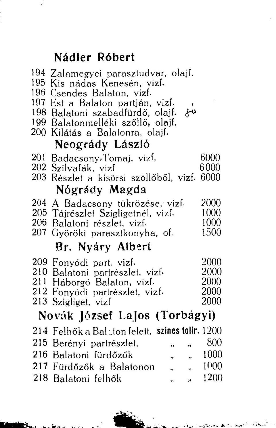 Neogrády László 201 Badacsony/Tomaj, vizf, 6000 202 Szilvafák, vizf 6000 203 Részlet a kisörsi szöllőből, vizf- 6000 Nógrády Magda 204 A Badacsony tükrözése, vizf- 2000 205 Tájrészlet Szigligetnél,