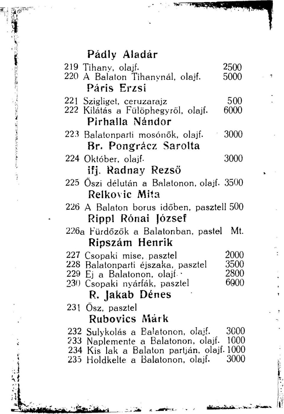 Radnay Rezső 225 Őszi délután a Balatonon, olajf- 3500 Relkowc Mifa 226 A Balaton borús időben, pasztell 500 Rippl Rónai József 22.6a Fürdőzők a Balatonban, pastel Mt.