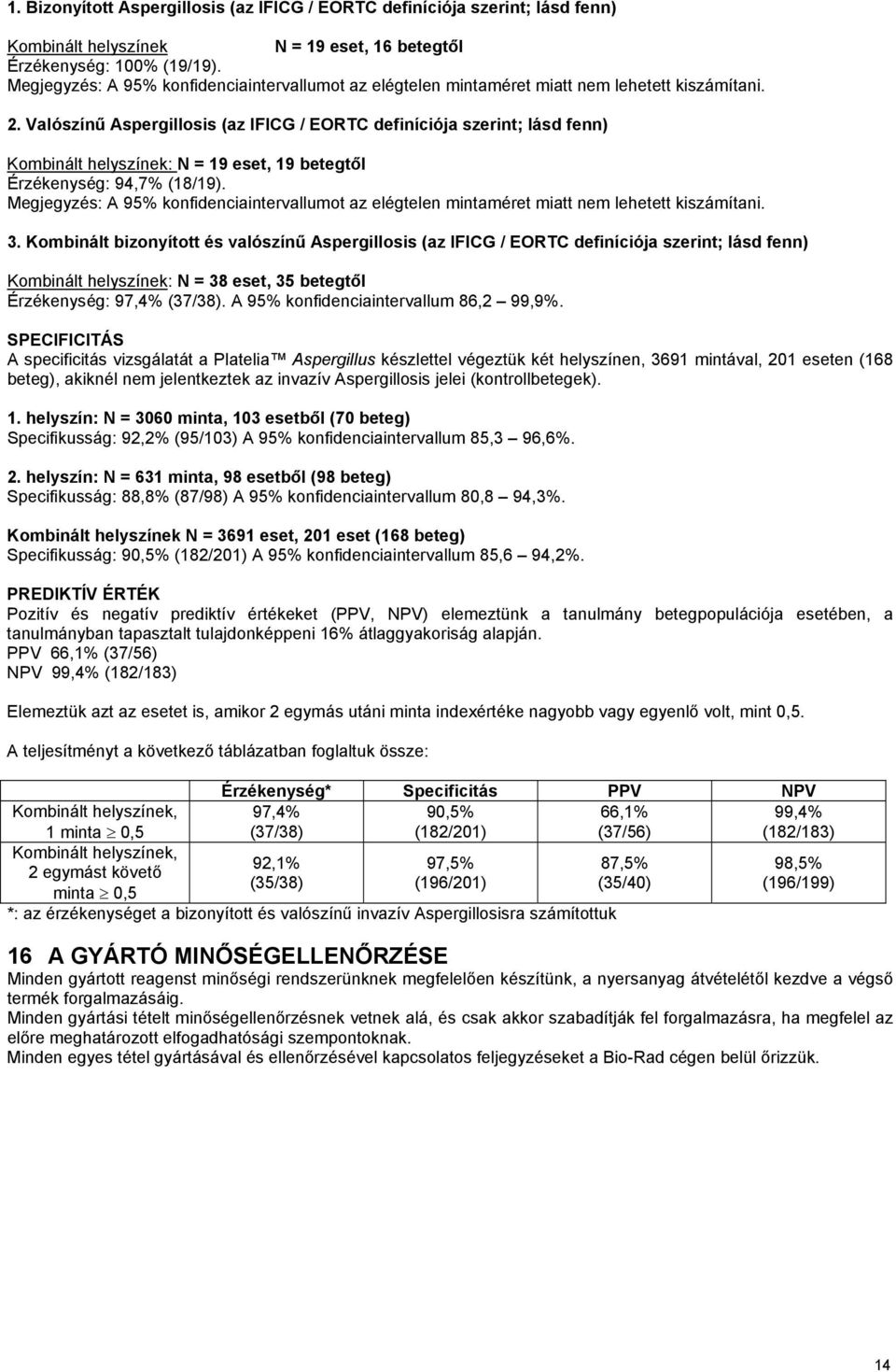 Valószínű Aspergillosis (az IFICG / EORTC definíciója szerint; lásd fenn) Kombinált helyszínek: N = 19 eset, 19 betegtől Érzékenység: 94,7% (18/19).