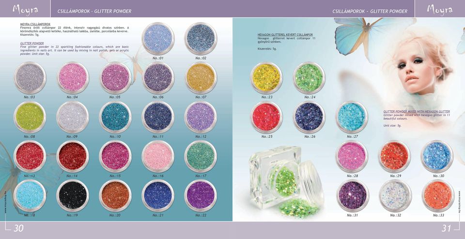 GLITTER POWDER Fine glitter powder in 22 sparkling fashionable colours, which are basic ingredients in nails art. It can be used by mixing in nail polish, gels or acrylic powder. Unit size: 5g.
