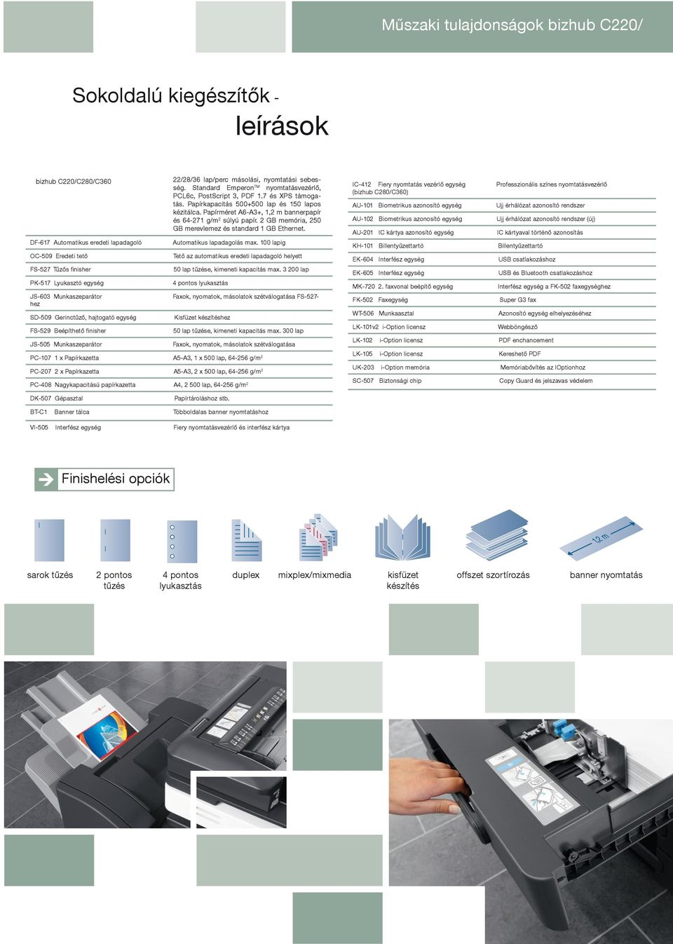 Papírméret A6-A3+, 1,2 m bannerpapír és 64-271 g/m 2 súlyú papír. 2 GB memória, 250 GB merevlemez és standard 1 GB Ethernet. DF-617 Automatikus eredeti lapadagoló Automatikus lapadagolás max.