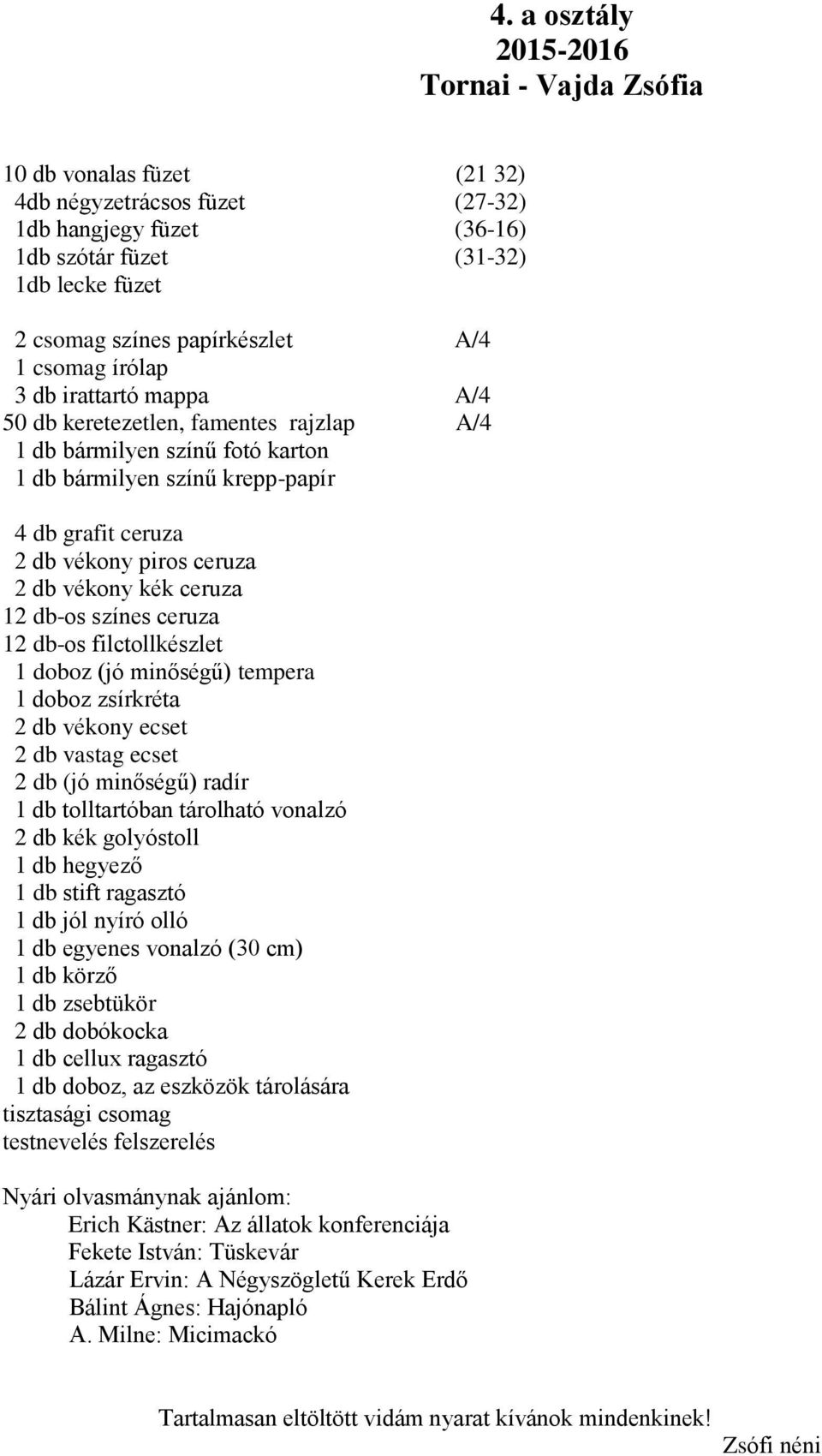 piros ceruza 2 db vékony kék ceruza 12 db-os színes ceruza 12 db-os filctollkészlet 1 doboz (jó minőségű) tempera 1 doboz zsírkréta 2 db vékony ecset 2 db vastag ecset 2 db (jó minőségű) radír 1 db