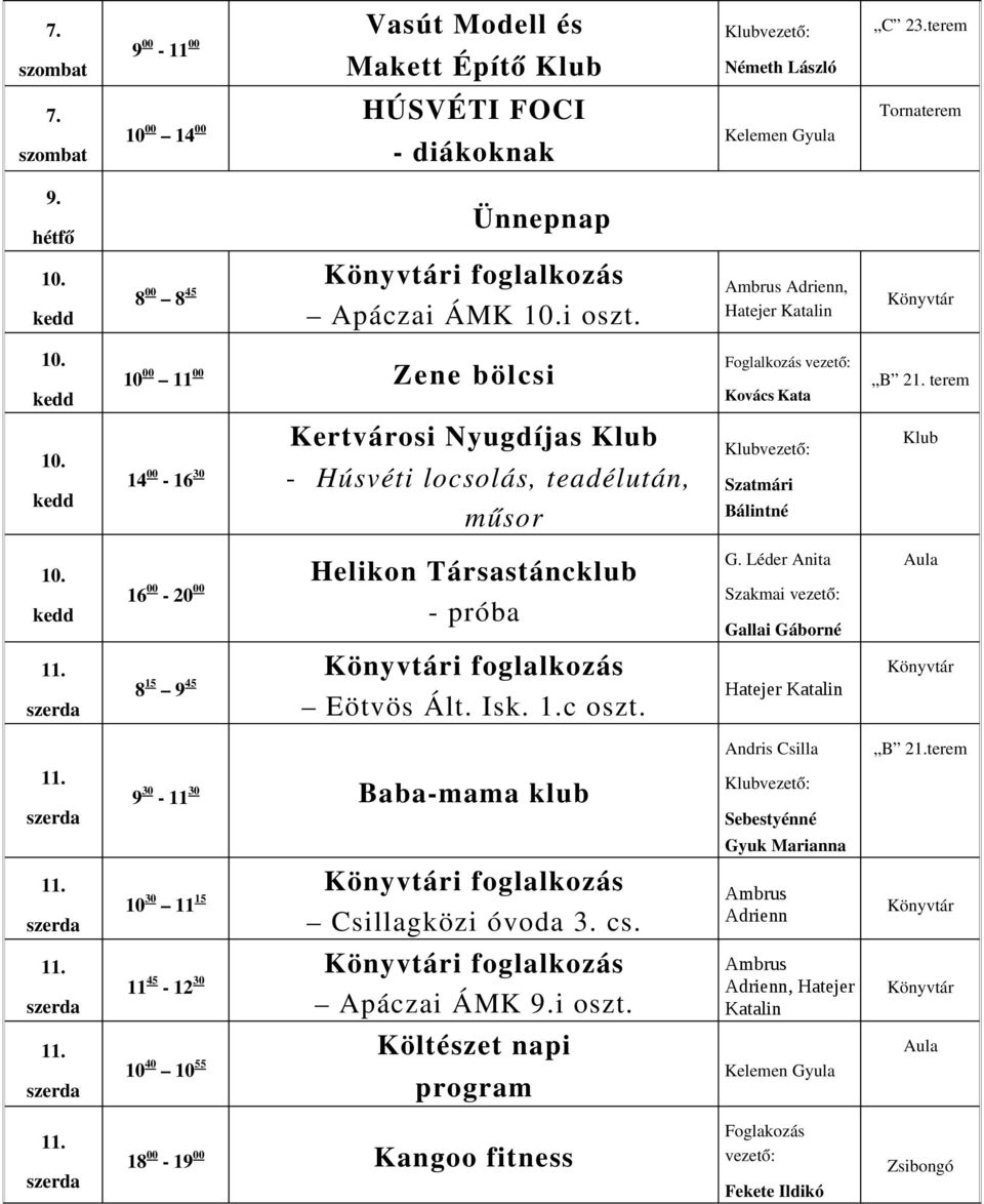 14 00 16 30 Kertvárosi Nyugdíjas Klub Húsvéti locsolás, teadélután, műsor Klub Szatmári Bálintné Klub 10. Szakmai 8 15 9 45 i foglalkozás Eötvös Ált. Isk. 1.c oszt.