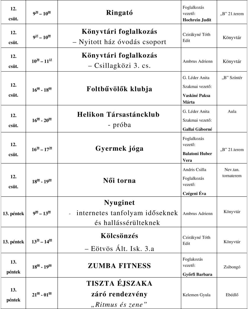 16 00 18 00 Foltbűvölők klubja Szakmai Vaskiné Paksa Márta B Színtér Szakmai 16 30 17 30 Gyermek jóga