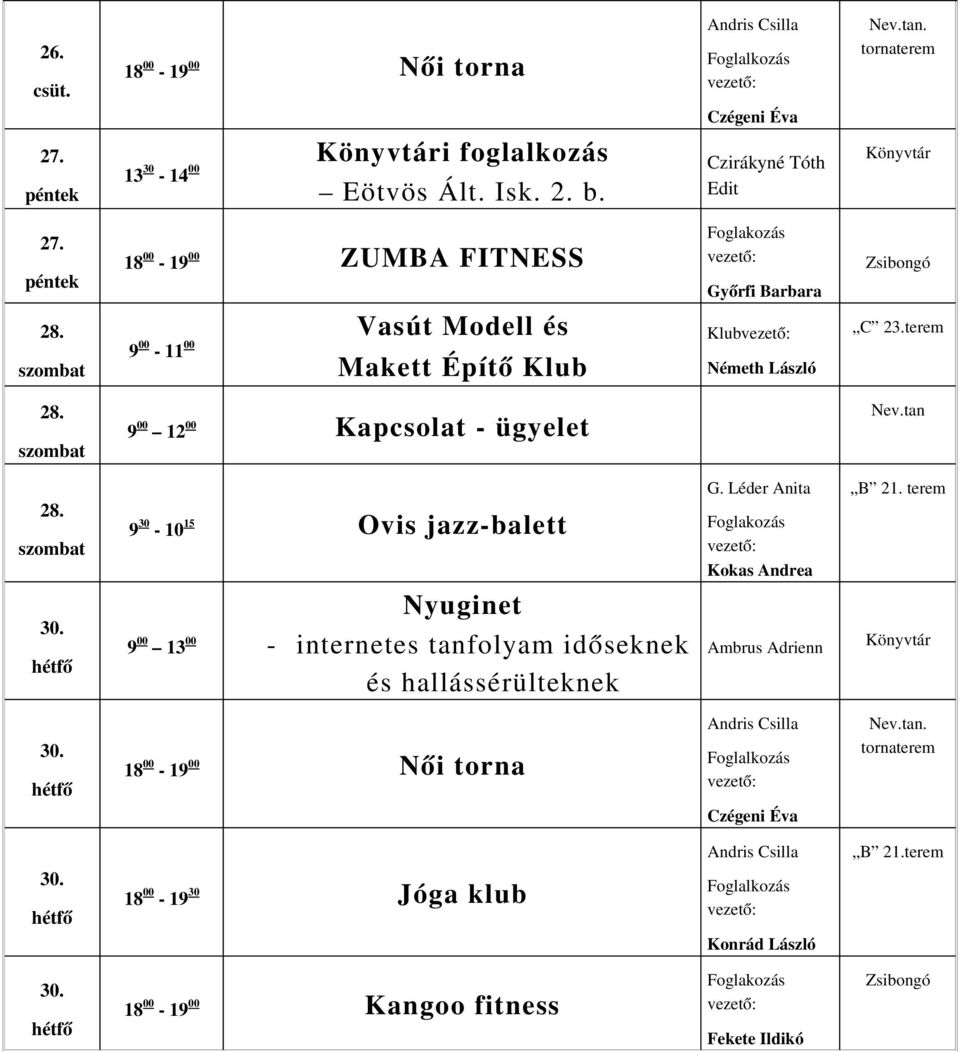 Barbara Klub Németh László C 23.terem 28. 9 00 12 00 Kapcsolat ügyelet Nev.