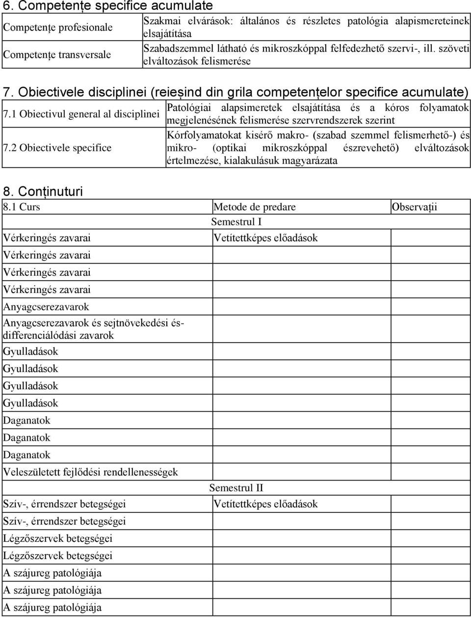 2 Obiectivele specifice Patológiai alapsimeretek elsajátítása és a kóros folyamatok megjelenésének felismerése szervrendszerek szerint Kórfolyamatokat kisérő makro- (szabad szemmel felismerhető-) és