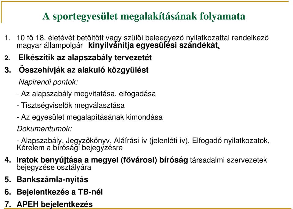 Összehívják az alakuló közgyűlést Napirendi pontok: - Az alapszabály megvitatása, elfogadása - Tisztségviselők megválasztása - Az egyesület megalapításának kimondása