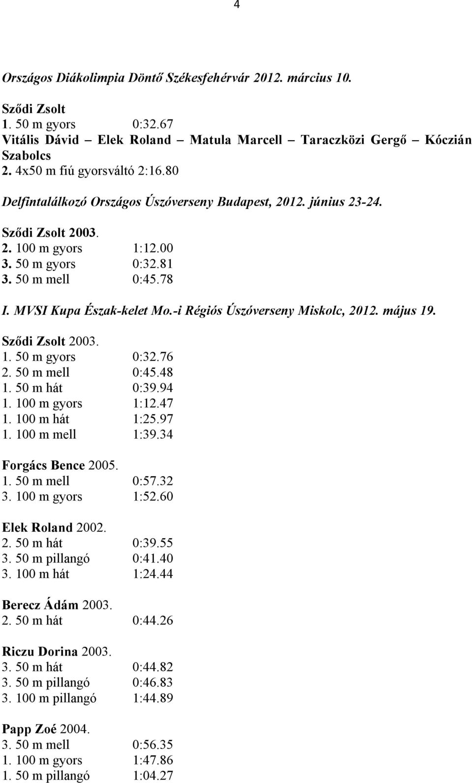 MVSI Kupa Észak-kelet Mo.-i Régiós Úszóverseny Miskolc, 2012. május 19. Sződi Zsolt 2003. 1. 50 m gyors 0:32.76 2. 50 m mell 0:45.48 1. 50 m hát 0:39.94 1. 100 m gyors 1:12.47 1. 100 m hát 1:25.97 1.