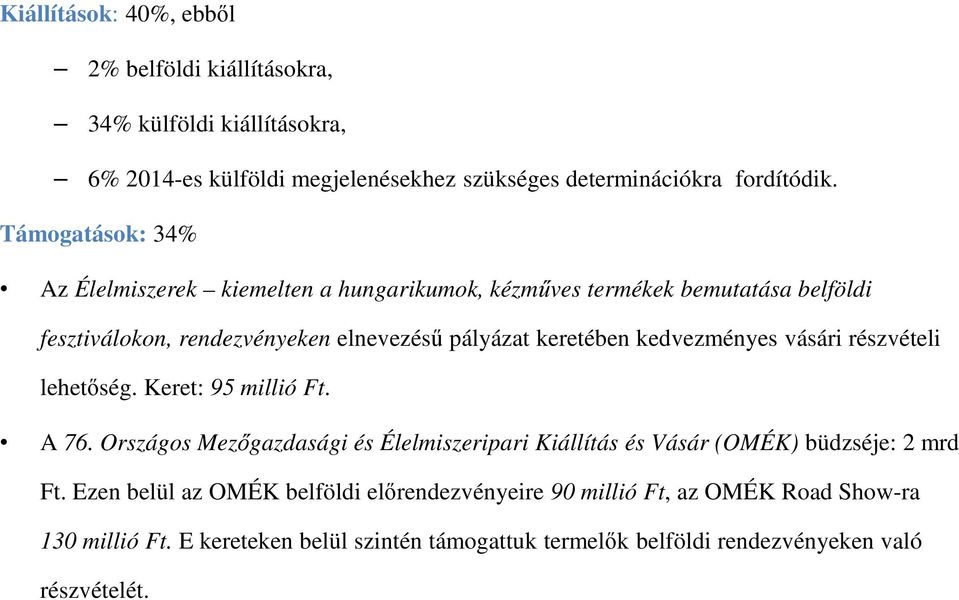 kedvezményes vásári részvételi lehetőség. Keret: 95 millió Ft. A 76. Országos Mezőgazdasági és Élelmiszeripari Kiállítás és Vásár (OMÉK) büdzséje: 2 mrd Ft.