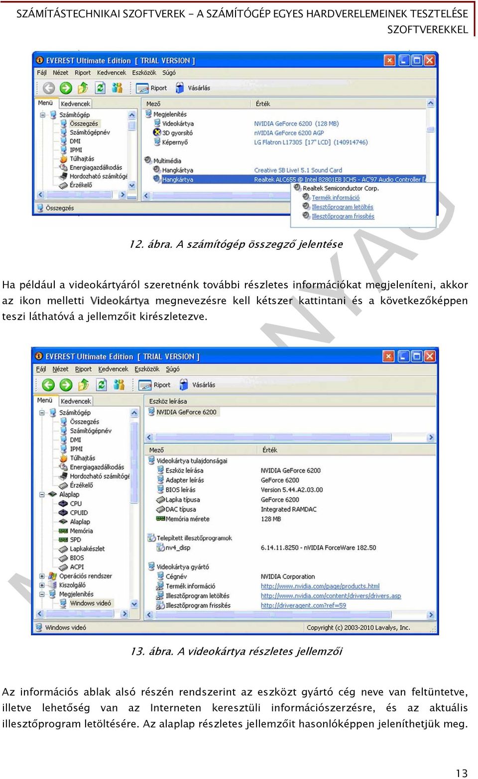 Videokártya megnevezésre kell kétszer kattintani és a következőképpen teszi láthatóvá a jellemzőit kirészletezve. 13. ábra.