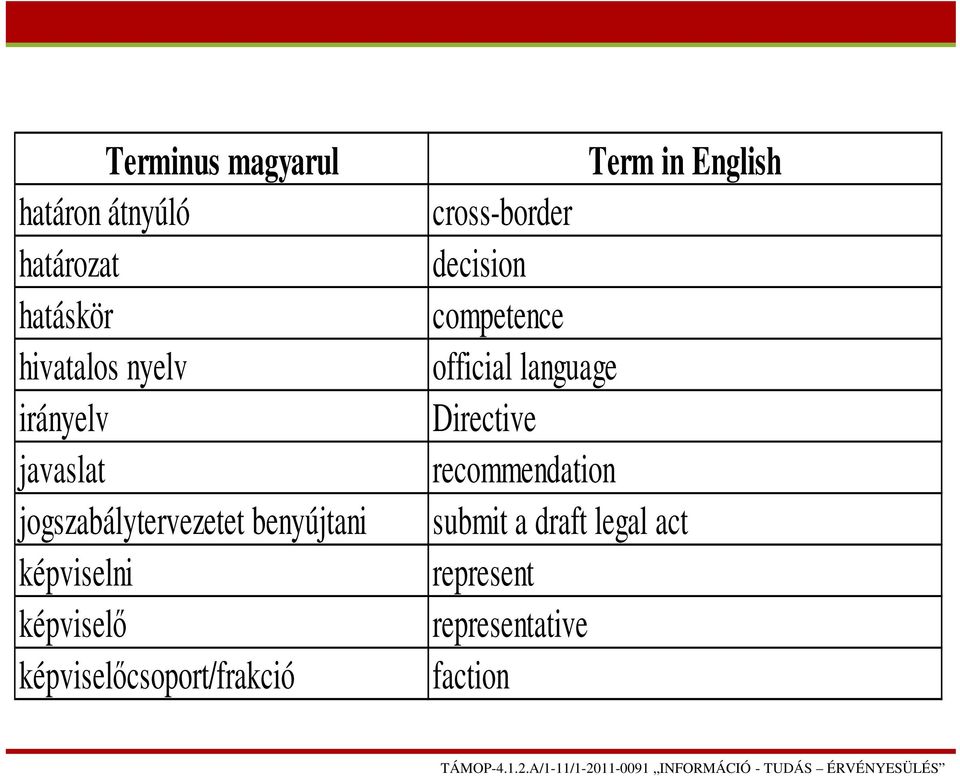 képviselőcsoport/frakció Term in English cross-border decision competence