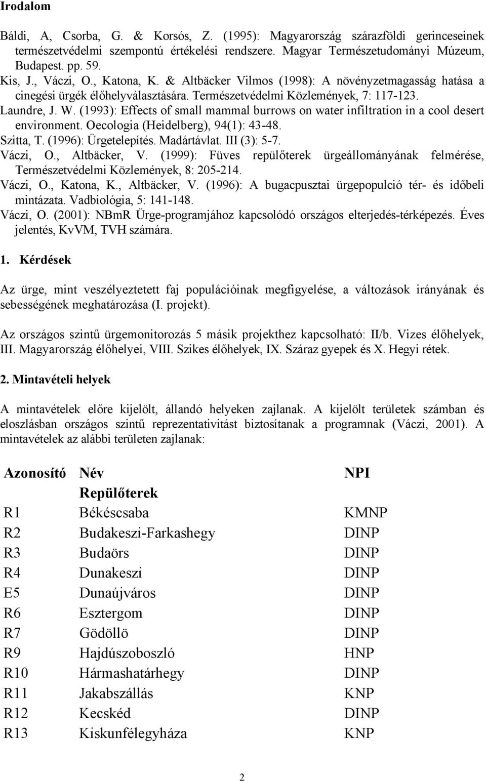 (1993): Effects of small mammal burrows on water infiltration in a cool desert environment. Oecologia (Heidelberg), 94(1): 43-48. Szitta, T. (1996): Ürgetelepítés. Madártávlat. III (3): 5-7. Váczi, O.