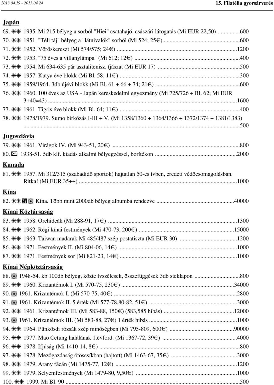 58; 11 )...300 75. 1959/1964. 3db újévi blokk (Mi Bl. 61 + 66 + 74; 21 )...600 76. 1960. 100 éves az USA - Japán kereskedelmi egyezmény (Mi 725/726 + Bl. 62; Mi EUR 3+40=43)...1600 77. 1961.