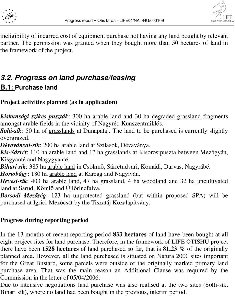 1: Purchase land Project activities planned (as in application) Kiskunsági szikes puszták: 300 ha arable land and 30 ha degraded grassland fragments amongst arable fields in the vicinity of Nagyrét,