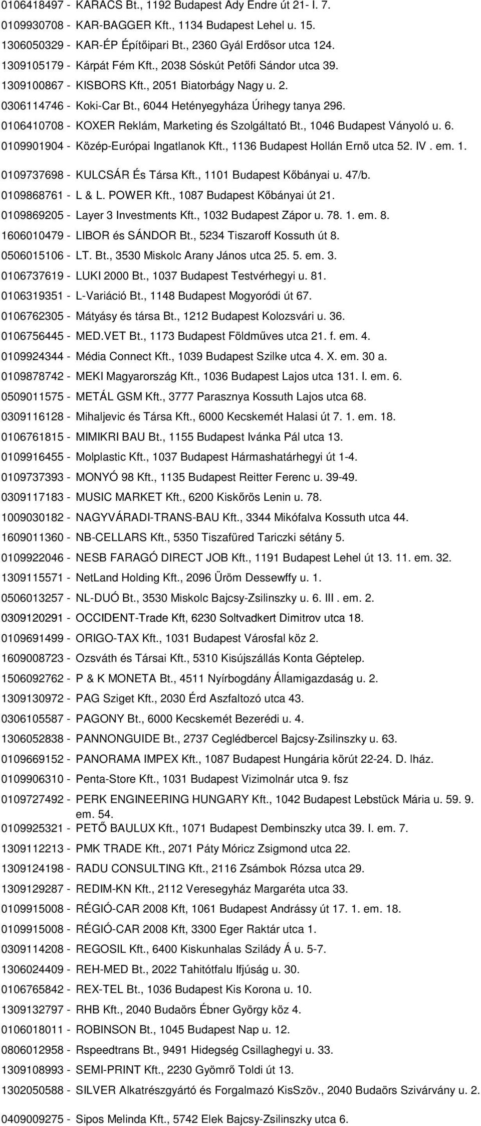 0106410708 - KOXER Reklám, Marketing és Szolgáltató Bt., 1046 Budapest Ványoló u. 6. 0109901904 - Közép-Európai Ingatlanok Kft., 1136 Budapest Hollán Ernő utca 52. IV. em. 1. 0109737698 - KULCSÁR És Társa Kft.