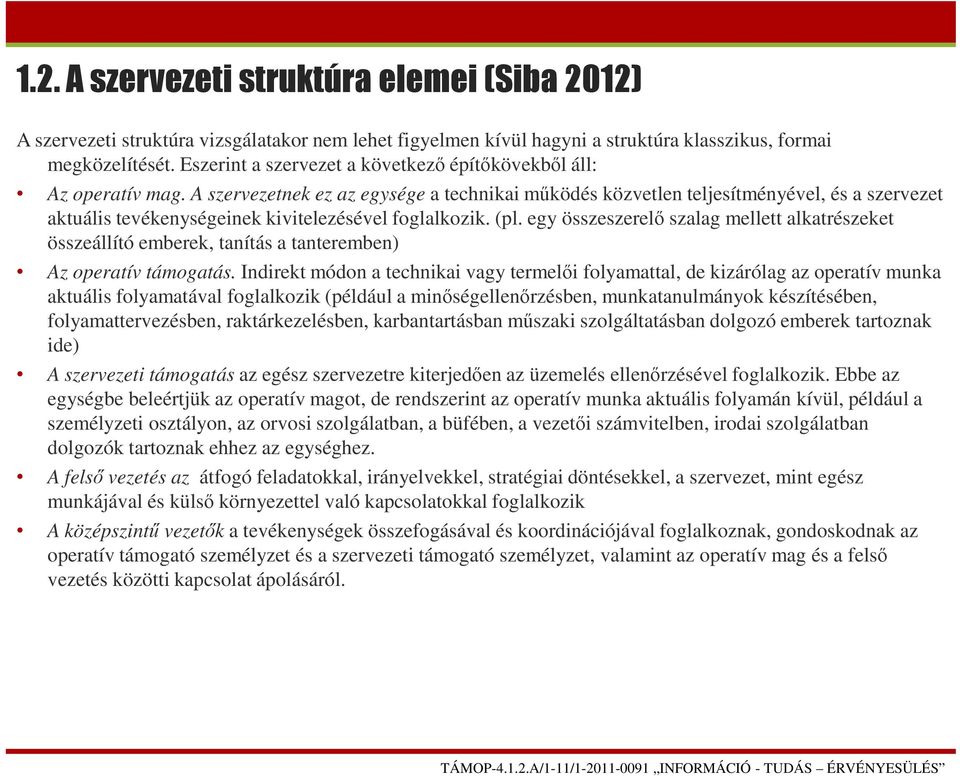 A szervezetnek ez az egysége a technikai működés közvetlen teljesítményével, és a szervezet aktuális tevékenységeinek kivitelezésével foglalkozik. (pl.