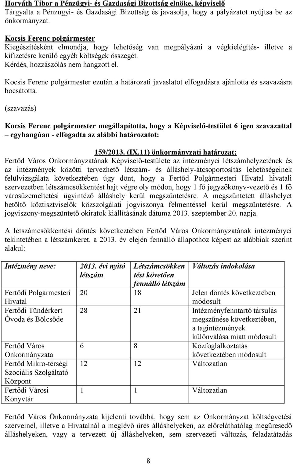 ezután a határozati javaslatot elfogadásra ajánlotta és szavazásra 159/2013. (IX.