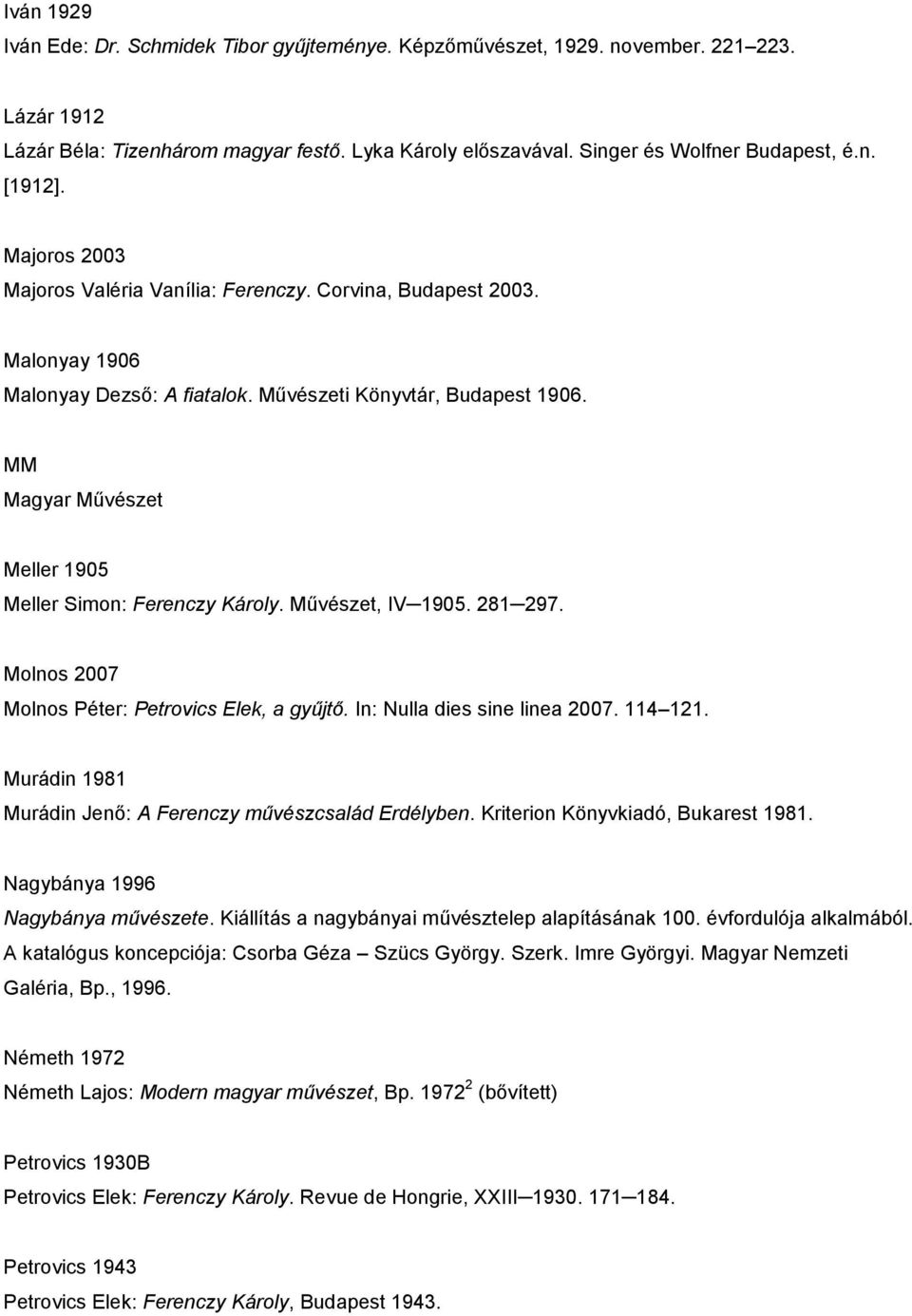 MM Magyar Művészet Meller 1905 Meller Simon: Ferenczy Károly. Művészet, IV 1905. 281 297. Molnos 2007 Molnos Péter: Petrovics Elek, a gyűjtő. In: Nulla dies sine linea 2007. 114 121.