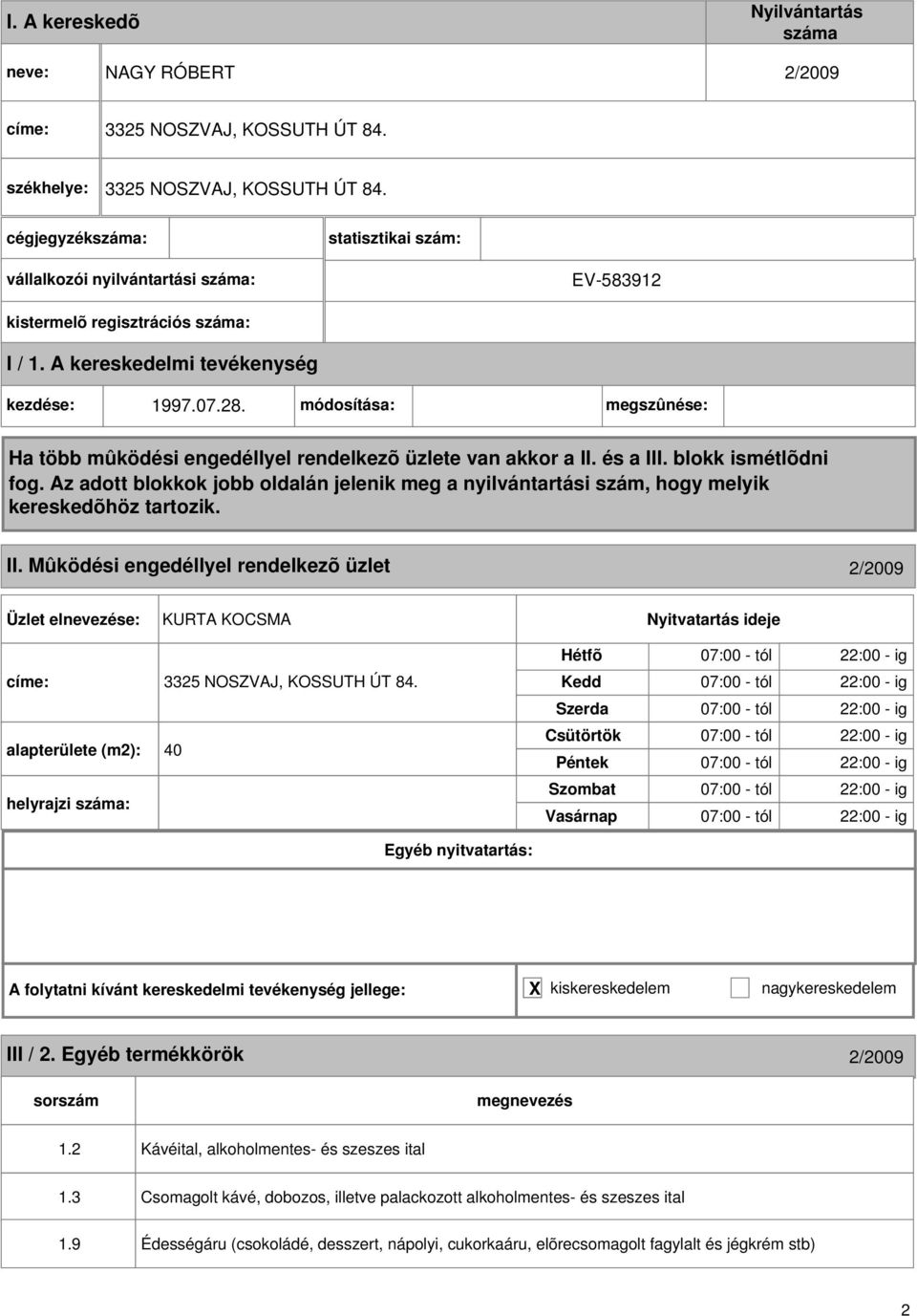 alapterülete (m2): 40 helyrajzi : III / 2. Egyéb termékkörök 2/2009 1.2 Kávéital, alkoholmentes- és szeszes ital 1.3 1.