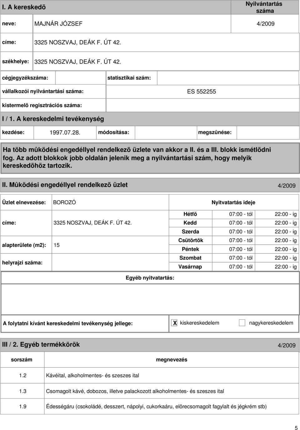 alapterülete (m2): 15 helyrajzi : III / 2. Egyéb termékkörök 4/2009 1.2 Kávéital, alkoholmentes- és szeszes ital 1.3 1.