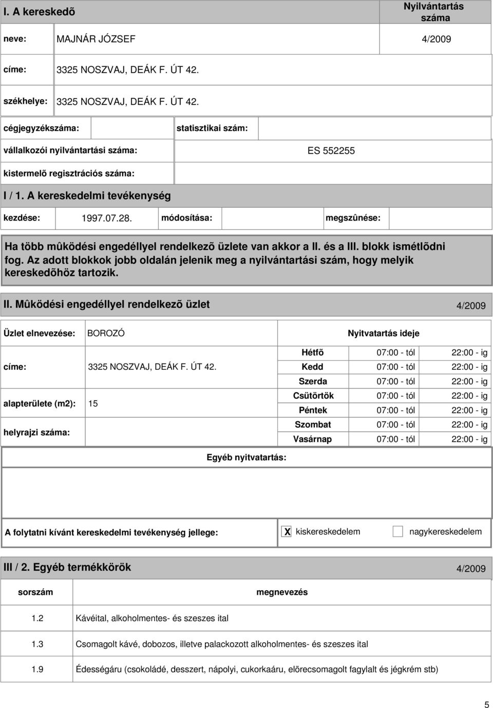 alapterülete (m2): 15 helyrajzi : III / 2. Egyéb termékkörök 4/2009 1.2 Kávéital, alkoholmentes- és szeszes ital 1.3 1.