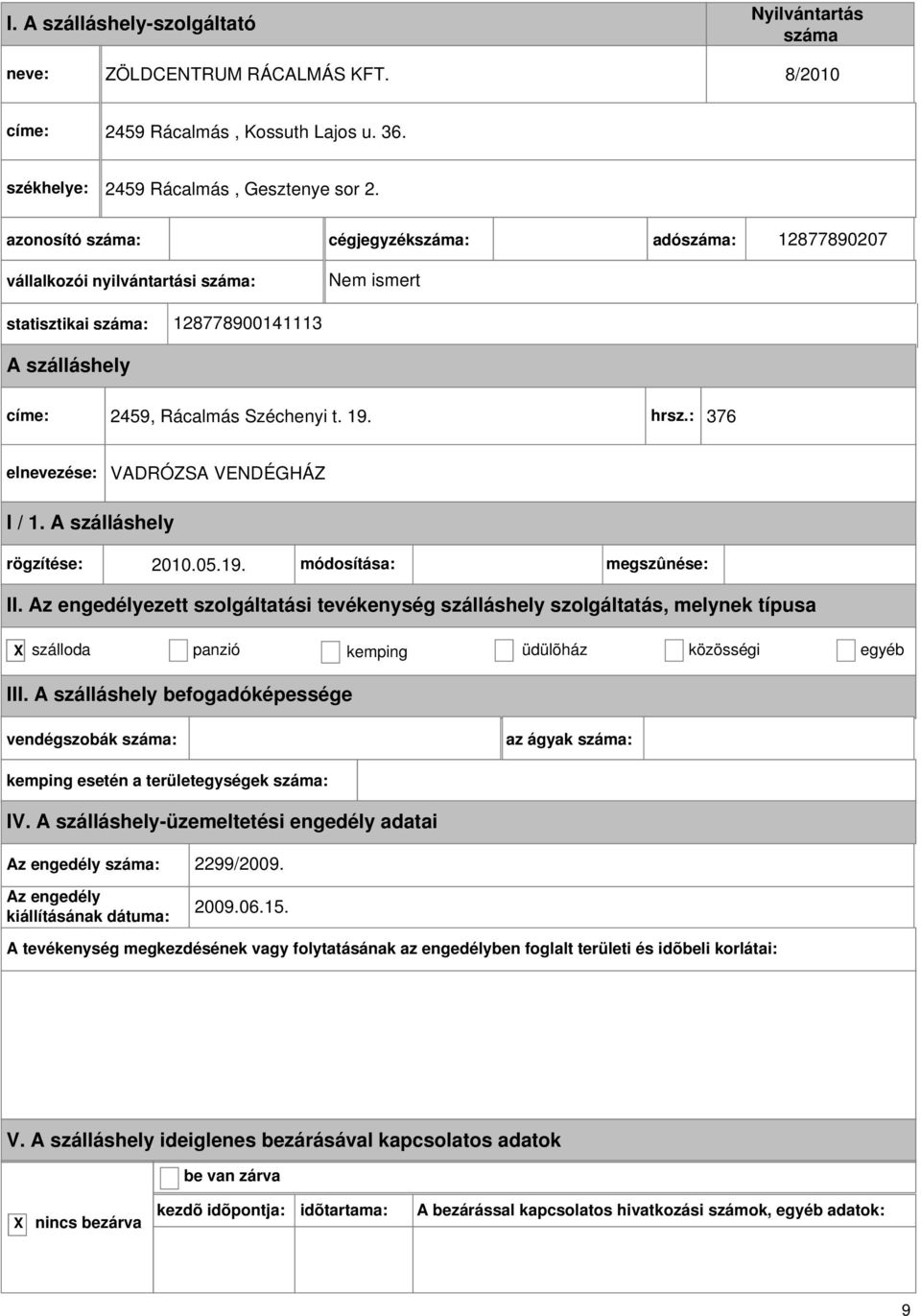 vállalkozói nyilvántartási : cégjegyzék: adó: 12877890207 Nem ismert statisztikai : 128778900141113 címe: 2459,