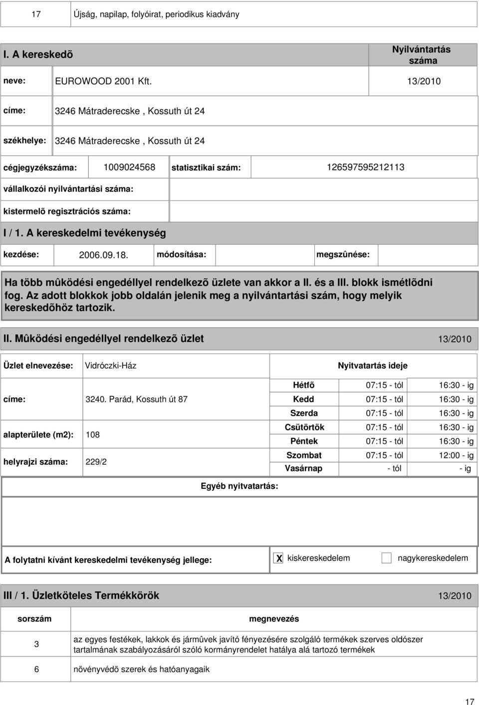 módosítása: megszûnése: II. Mûködési engedéllyel rendelkezõ üzlet 13/2010 Vidróczki-Ház címe: 3240.