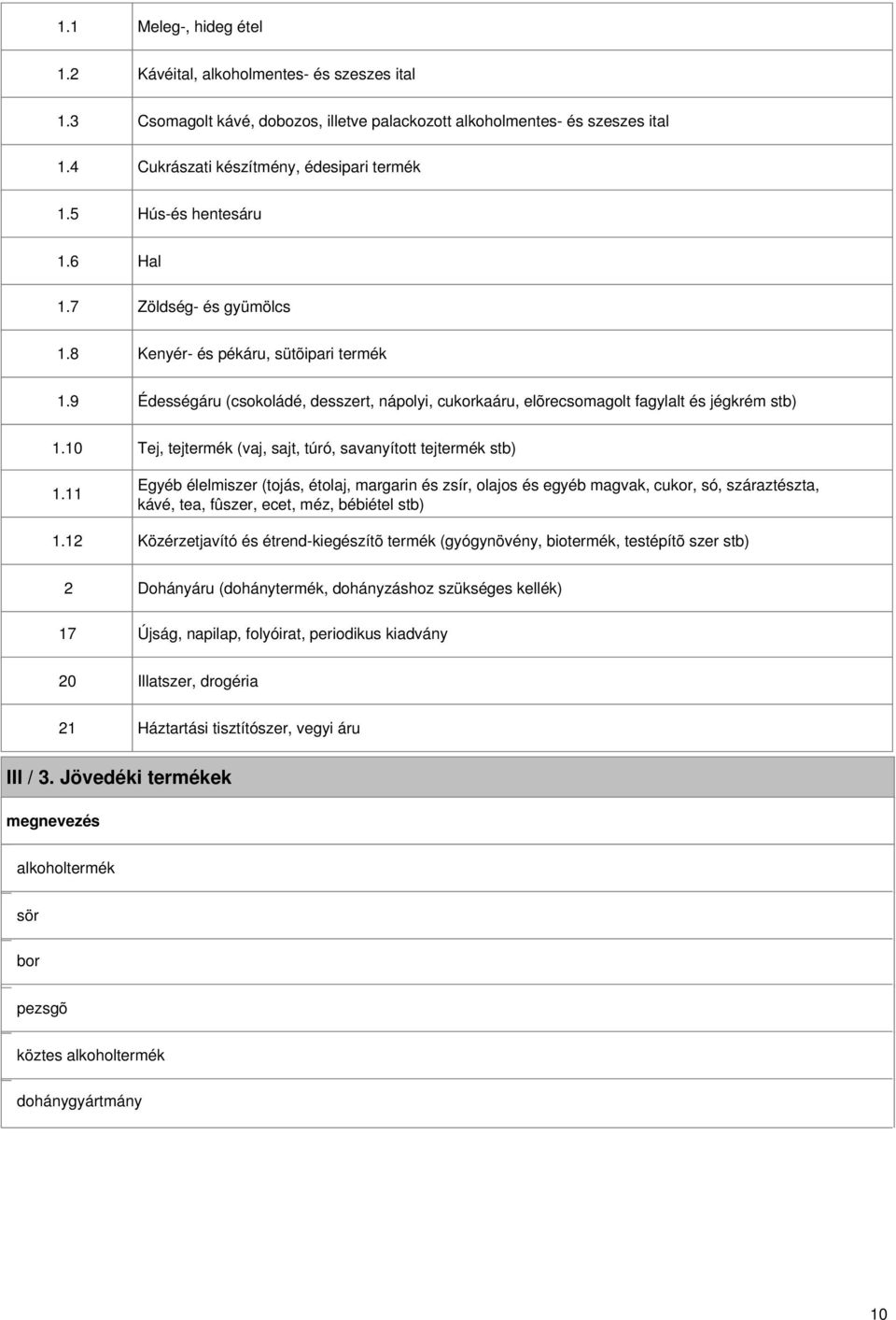 11 1.12 Tej, tejtermék (vaj, sajt, túró, savanyított tejtermék stb) Egyéb élelmiszer (tojás, étolaj, margarin és zsír, olajos és egyéb magvak, cukor, só, száraztészta, kávé, tea, fûszer, ecet, méz,
