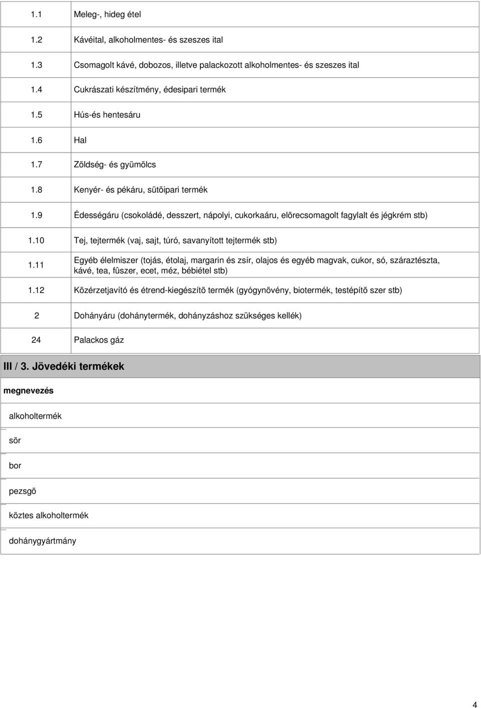 11 1.12 Tej, tejtermék (vaj, sajt, túró, savanyított tejtermék stb) Egyéb élelmiszer (tojás, étolaj, margarin és zsír, olajos és egyéb magvak, cukor, só, száraztészta, kávé, tea, fûszer, ecet, méz,