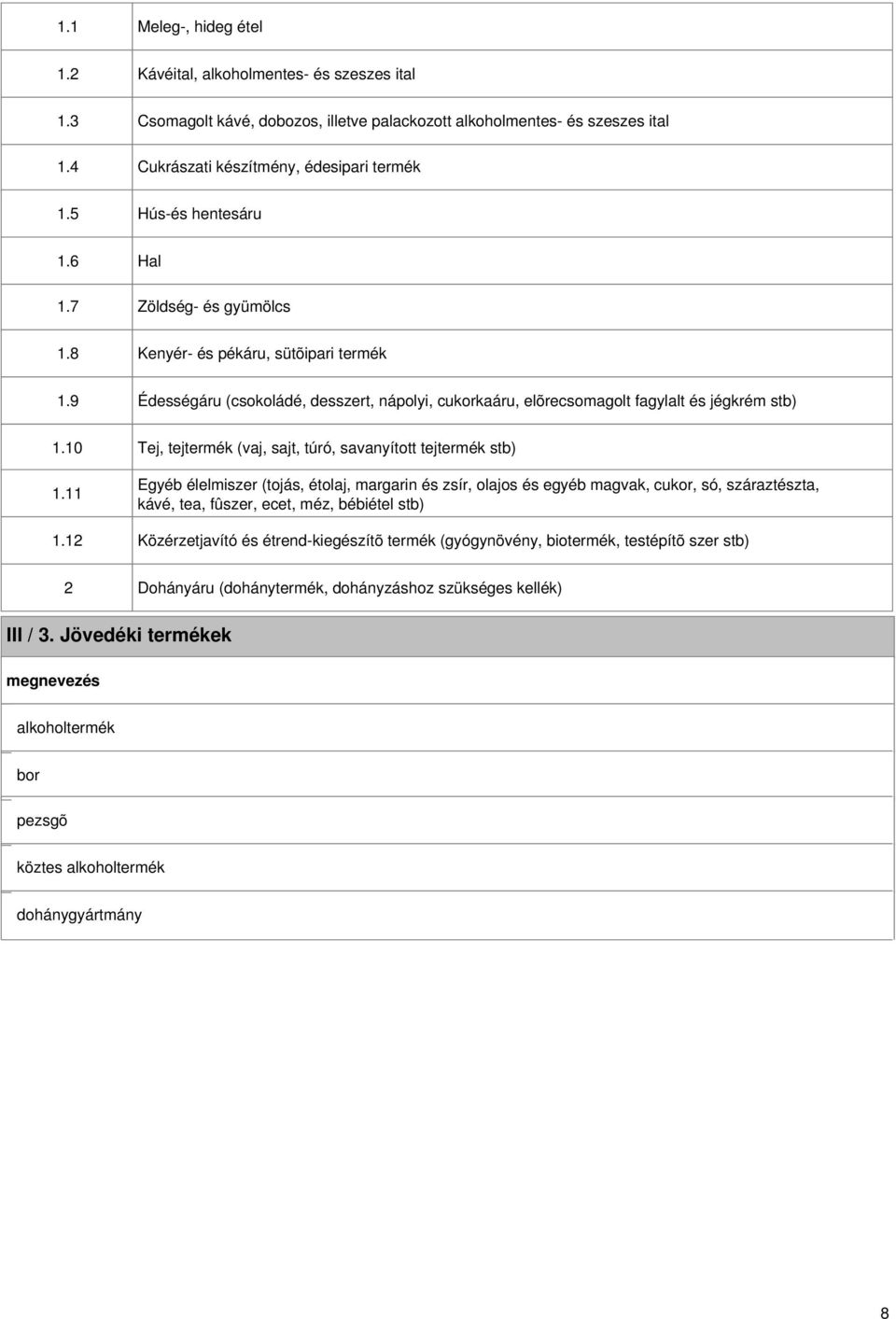 11 1.12 Tej, tejtermék (vaj, sajt, túró, savanyított tejtermék stb) Egyéb élelmiszer (tojás, étolaj, margarin és zsír, olajos és egyéb magvak, cukor, só, száraztészta, kávé, tea, fûszer, ecet, méz,