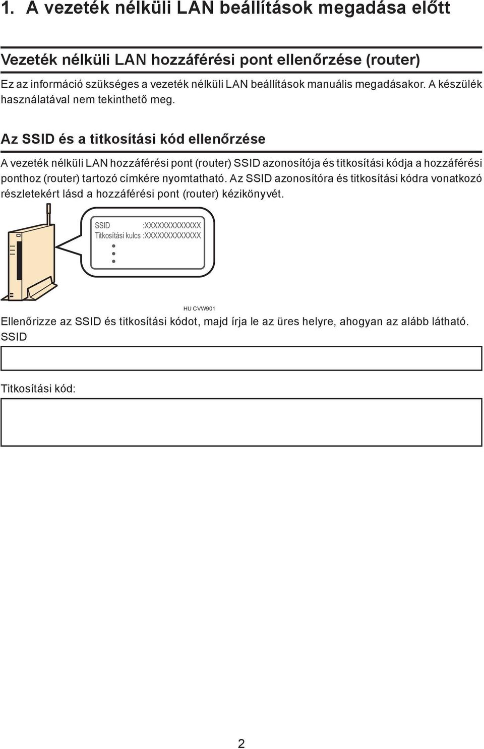 Az SSID és a titkosítási kód ellenőrzése A vezeték nélküli LAN hozzáférési pont (router) SSID azonosítója és titkosítási kódja a hozzáférési ponthoz (router) tartozó címkére