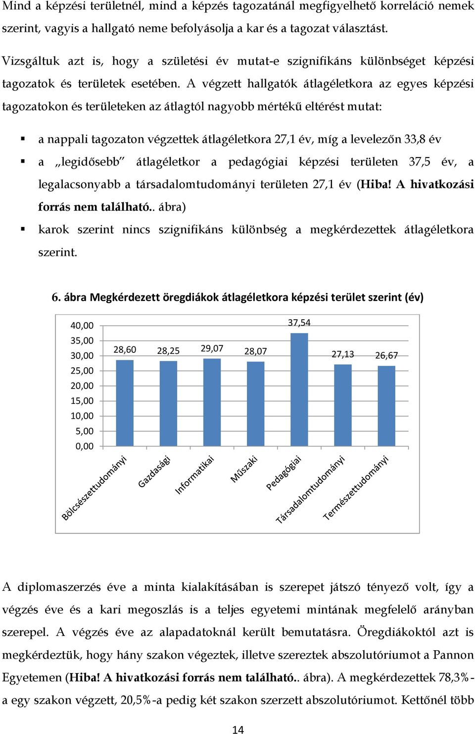 A végzett hallgatók átlagéletkora az egyes képzési tagozatokon és területeken az átlagtól nagyobb mértékű eltérést mutat: a nappali tagozaton végzettek átlagéletkora 27,1 év, míg a levelezőn 33,8 év