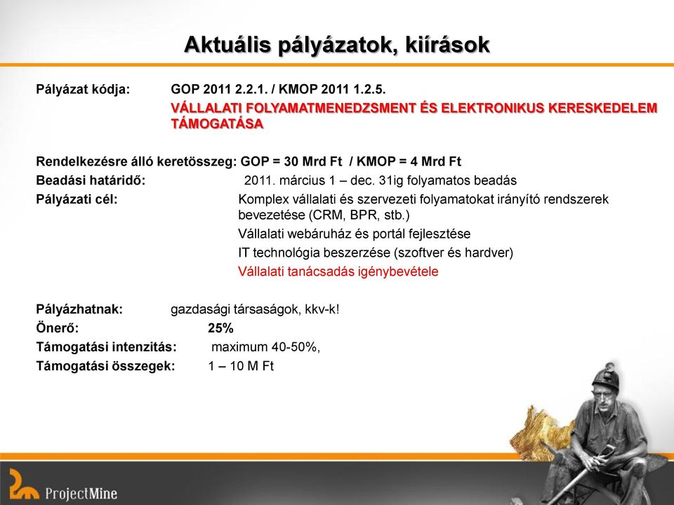 Pályázati cél: 2011. március 1 dec. 31ig folyamatos beadás Komplex vállalati és szervezeti folyamatokat irányító rendszerek bevezetése (CRM, BPR, stb.