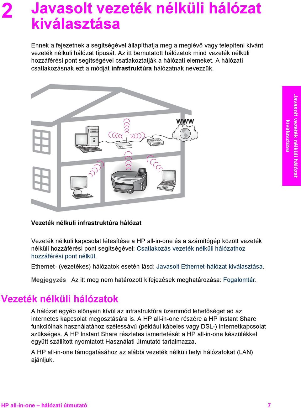 Javasolt vezeték nélküli hálózat kiválasztása Vezeték nélküli infrastruktúra hálózat Vezeték nélküli kapcsolat létesítése a HP all-in-one és a számítógép között vezeték nélküli hozzáférési pont