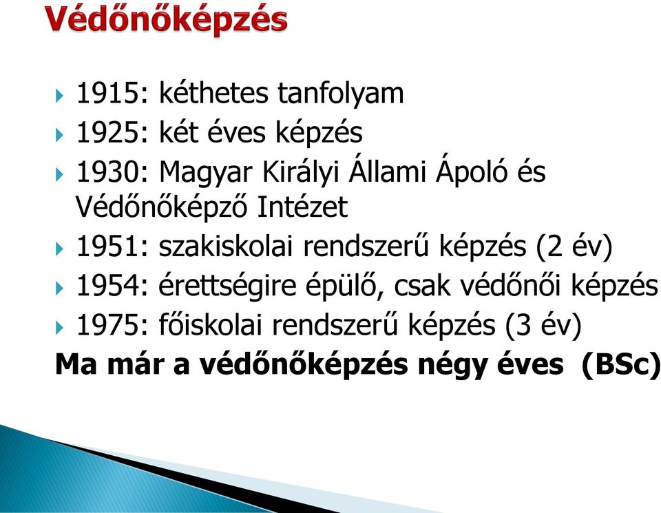 rendszerű képzés (2 év) 1954: érettségire épülő, csak védőnői