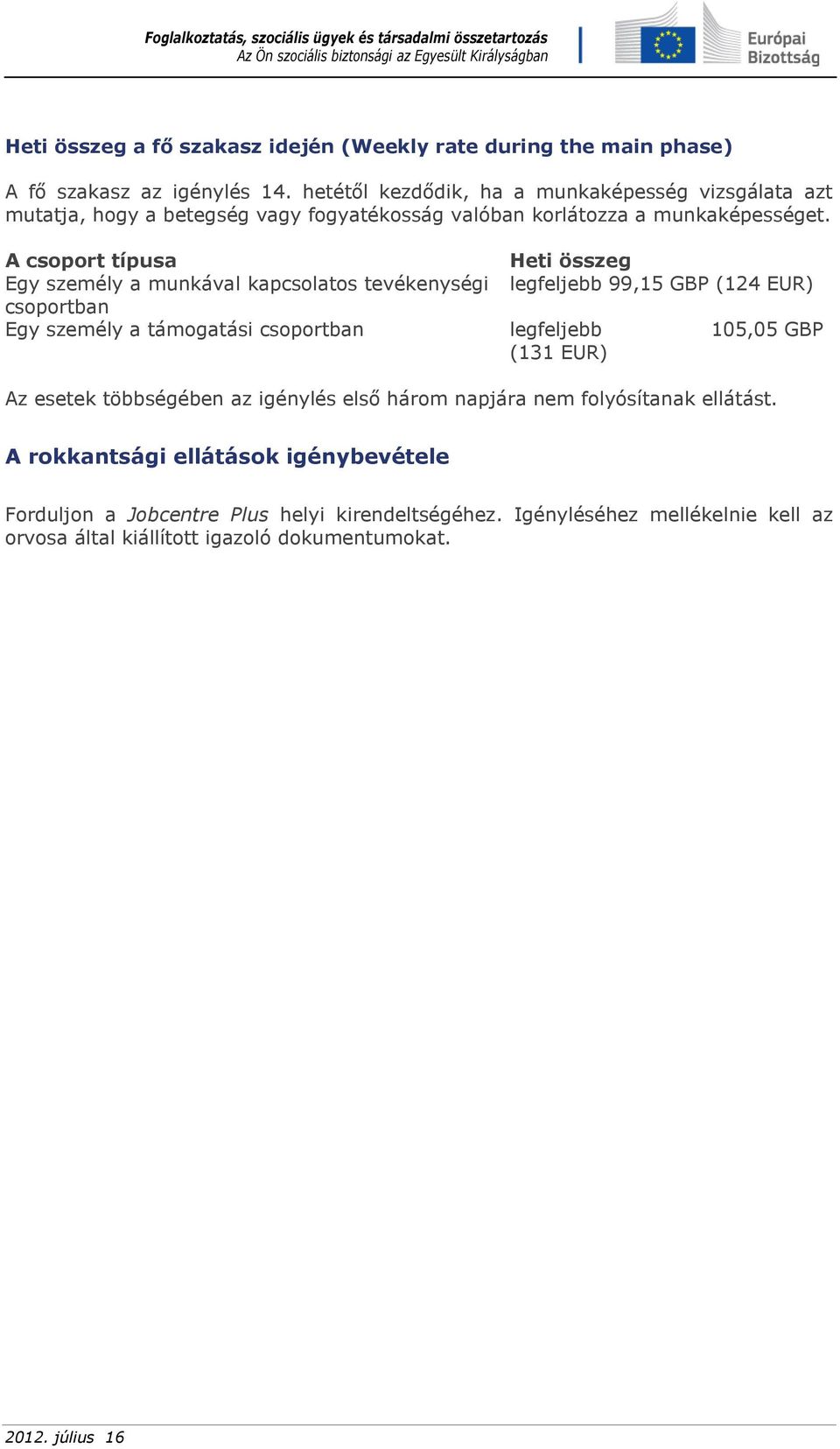 A csoport típusa Heti összeg Egy személy a munkával kapcsolatos tevékenységi legfeljebb 99,15 GBP (124 EUR) csoportban Egy személy a támogatási csoportban legfeljebb