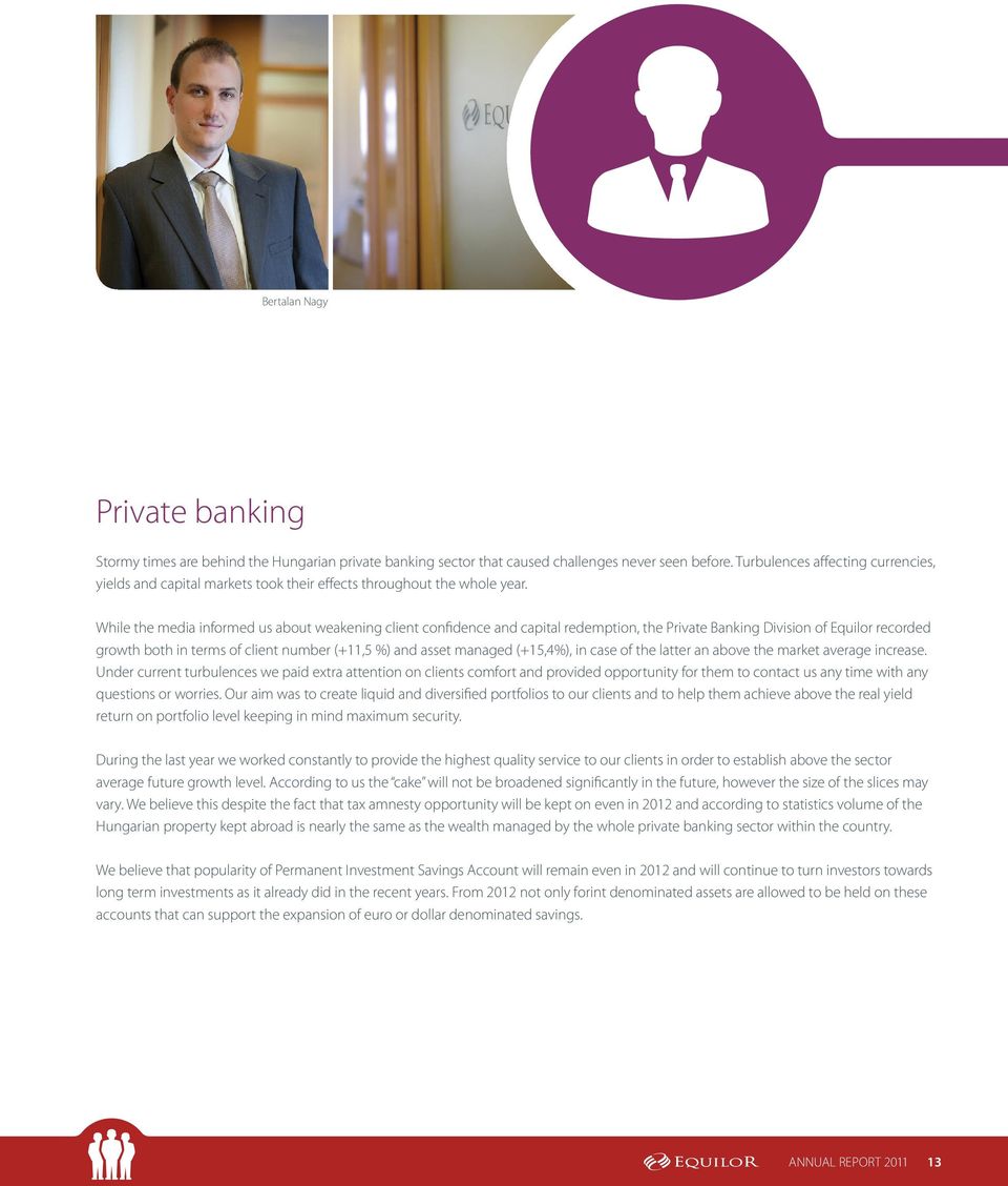 While the media informed us about weakening client confidence and capital redemption, the Private Banking Division of Equilor recorded growth both in terms of client number (+11,5 %) and asset